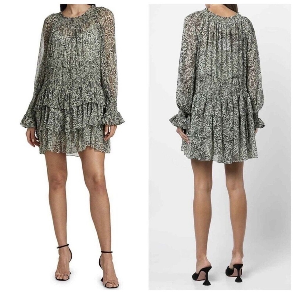Cinq a Sept Janelle Smocked Chiffon Ruffle Sleeve Dress in Meadow & Black Sz 2